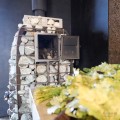 Печь для бани Славия в сетке чугунная дверь с панорамным стеклом