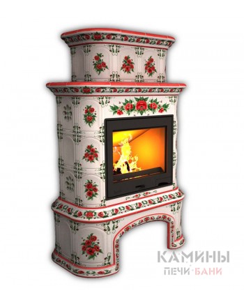 Изразцовый камин Прованс пристенный двухъярусный с дровником Роспись