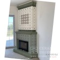 Облицовка углового камина с прямой топкой в серо-зеленом цвете