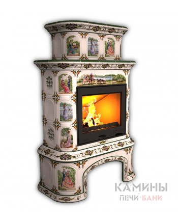 Изразцовый камин Прованс пристенный двухъярусный с дровником Художественный