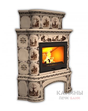 Изразцовый камин Прованс угловой двухъярусный с дровником Художественный