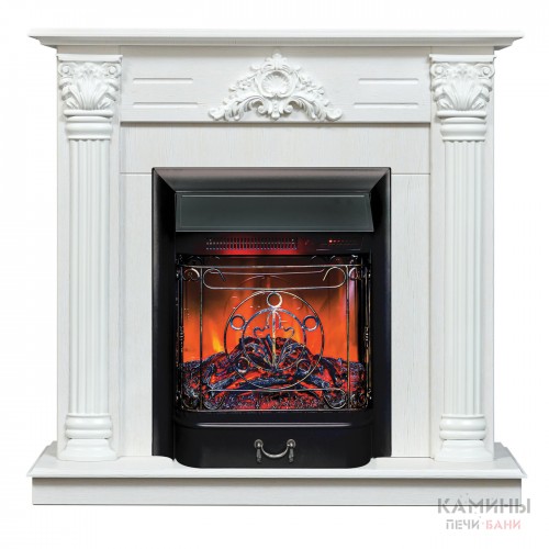 Каминокомплект STEFANIA/ВИОЛА Белый фактурный с золотой патиной с очагом Электроочаг MAJESTIC LUX RC/МАДЖЕСТИК С ПУЛЬТОМ