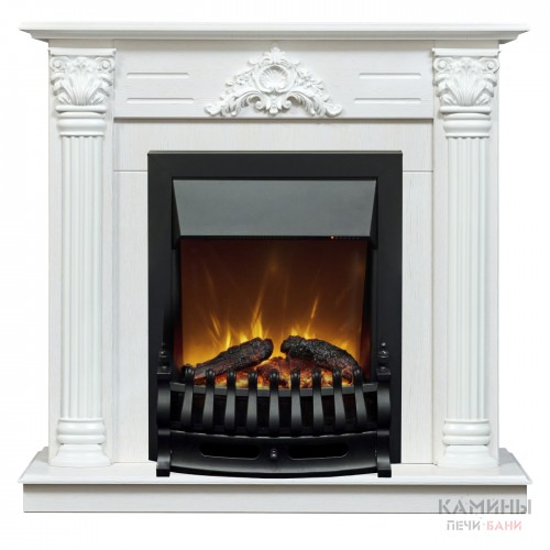 Каминокомплект STEFANIA/ВИОЛА Белый фактурный с золотой патиной с очагом Электроочаг FOBOS ЛАЙТ/ФОБОС ЛАЙТ