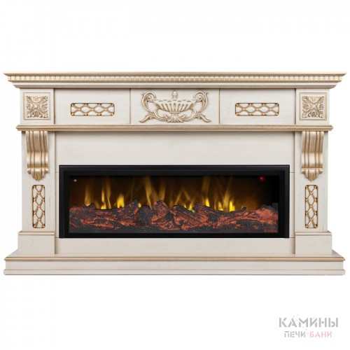 Каминокомплект CORSICA/МАЛАГА Бежевый дуб с золотой патиной с очагом Электроочаг BEVERLY-S MULTY/БЕВЕРЛИ МУЛЬТИКОЛОР