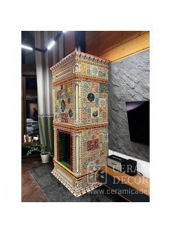 Каминная топка Астов ПС 5574 в облицовке изразцами с росписью по сказам Бажова