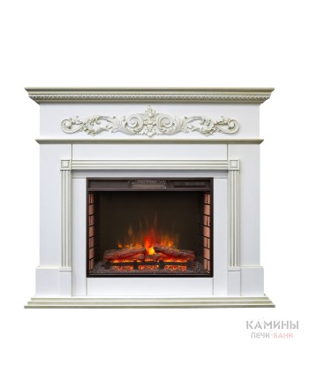 Каминокомплект BEETHOVEN/БЕТХОВЕН Белый дуб с золотой патиной с очагом Электроочаг SPARTA 25.5