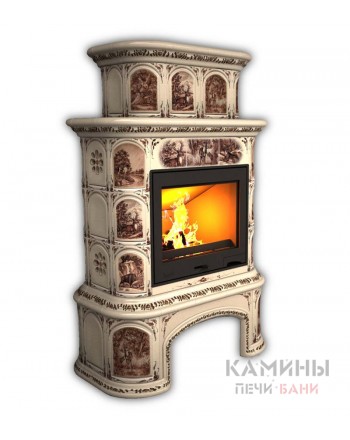 Изразцовый камин Прованс центральный двухъярусный с дровником Художественный