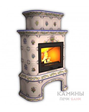 Изразцовый камин Прованс центральный двухъярусный с дровником Роспись