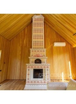 Высокий (6,3м) изразцовый камин с панно и росписью
