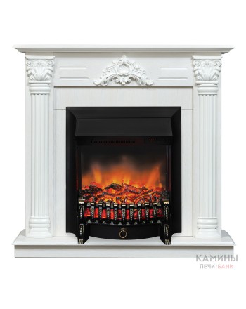 Каминокомплект STEFANIA/ВИОЛА Белый фактурный с золотой патиной с очагом Электроочаг FOBOS LUX RC/ФОБОС С ПУЛЬТОМ