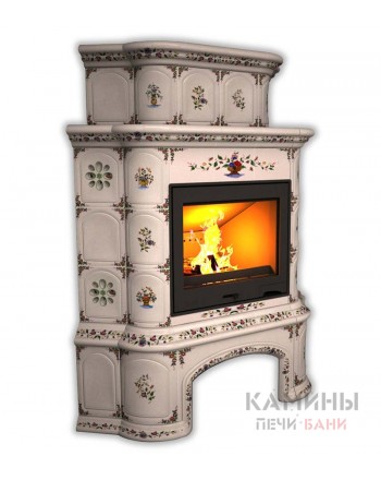 Изразцовый камин Прованс угловой двухъярусный с дровником Роспись