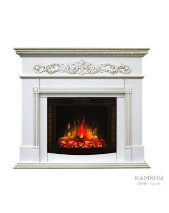 Каминокомплект BEETHOVEN/БЕТХОВЕН Белый дуб с золотой патиной с очагом Электроочаг EVRIKA 25.5