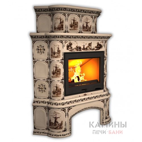 Изразцовый камин Прованс КимрПечь угловой двухъярусный с дровником Художественный