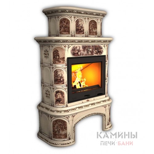 Изразцовый камин Прованс КимрПечь центральный двухъярусный с дровником Художественный Изразцовый камин Прованс КимрПечь центральный двухъярусный с дровником Художественный