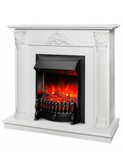 Каминокомплект STEFANIA/ВИОЛА Белый фактурный с золотой патиной с очагом Электроочаг FOBOS LUX RC/ФОБОС С ПУЛЬТОМ