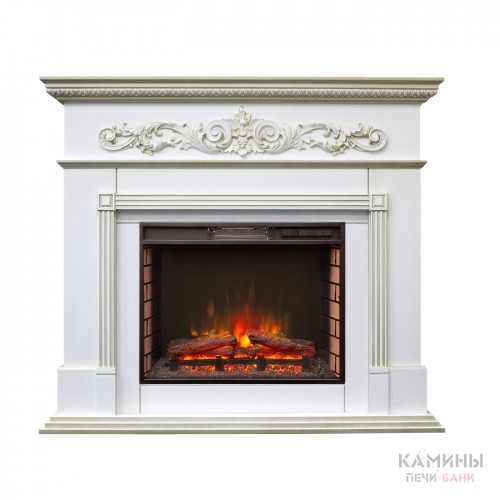 Каминокомплект BEETHOVEN/БЕТХОВЕН Белый дуб с золотой патиной с очагом Электроочаг SPARTA 25.5