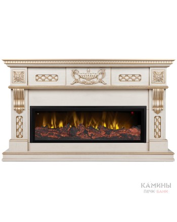 Каминокомплект CORSICA/МАЛАГА Бежевый дуб с золотой патиной с очагом Электроочаг BEVERLY-S MULTY/БЕВЕРЛИ МУЛЬТИКОЛОР