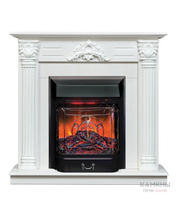 Каминокомплект STEFANIA/ВИОЛА Белый фактурный с золотой патиной с очагом Электроочаг MAJESTIC LUX RC/МАДЖЕСТИК С ПУЛЬТОМ