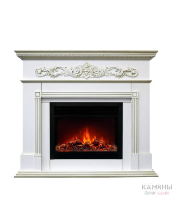 Каминокомплект BEETHOVEN/БЕТХОВЕН Белый дуб с золотой патиной с очагом Электроочаг MOONBLAZE LUX/МУНБЛЕЙЗ