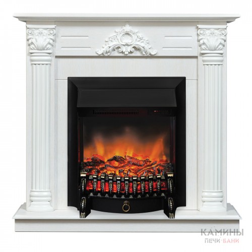 Каминокомплект STEFANIA/ВИОЛА Белый фактурный с золотой патиной с очагом Электроочаг FOBOS LUX RC/ФОБОС С ПУЛЬТОМ