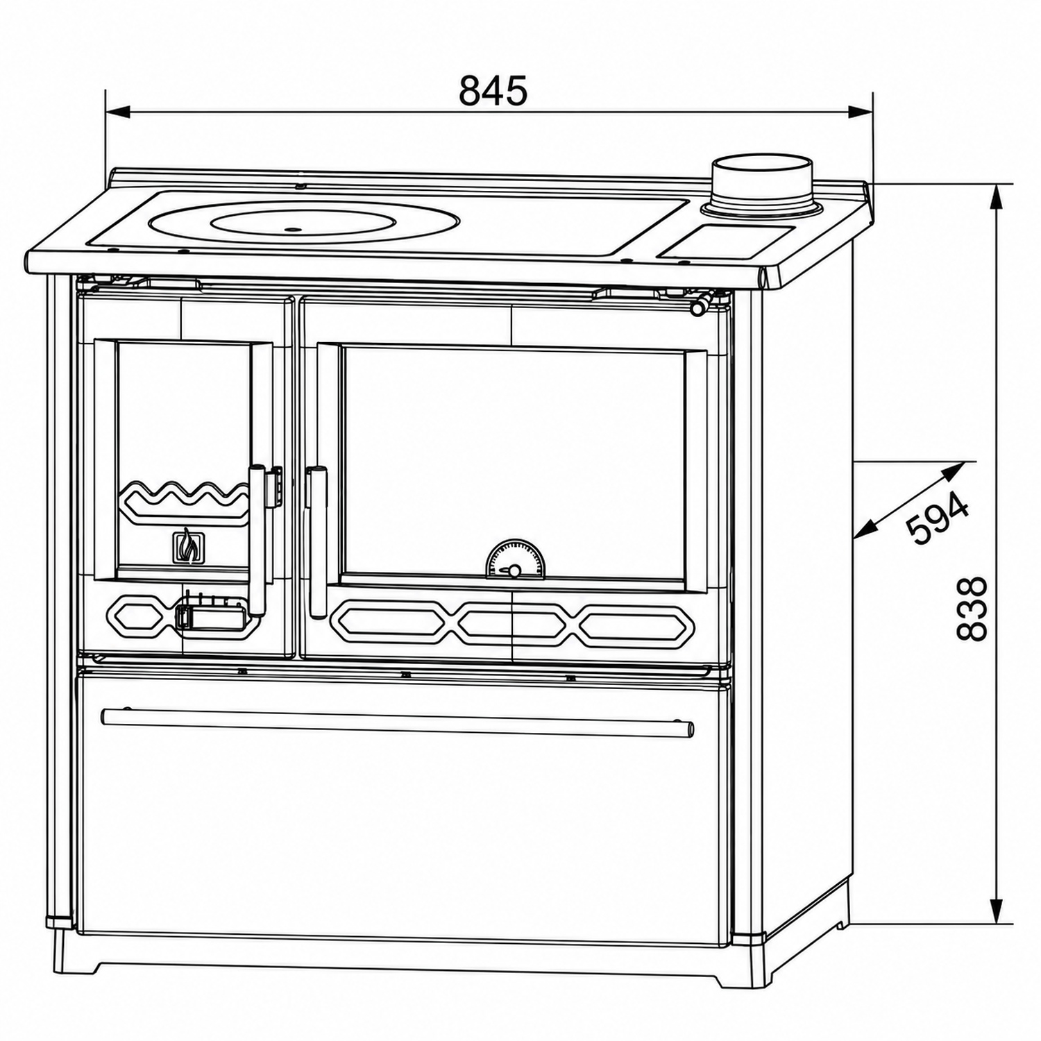 Габаритный чертёж Отопительно-варочная печь Plamen 850 Glas N (белая)